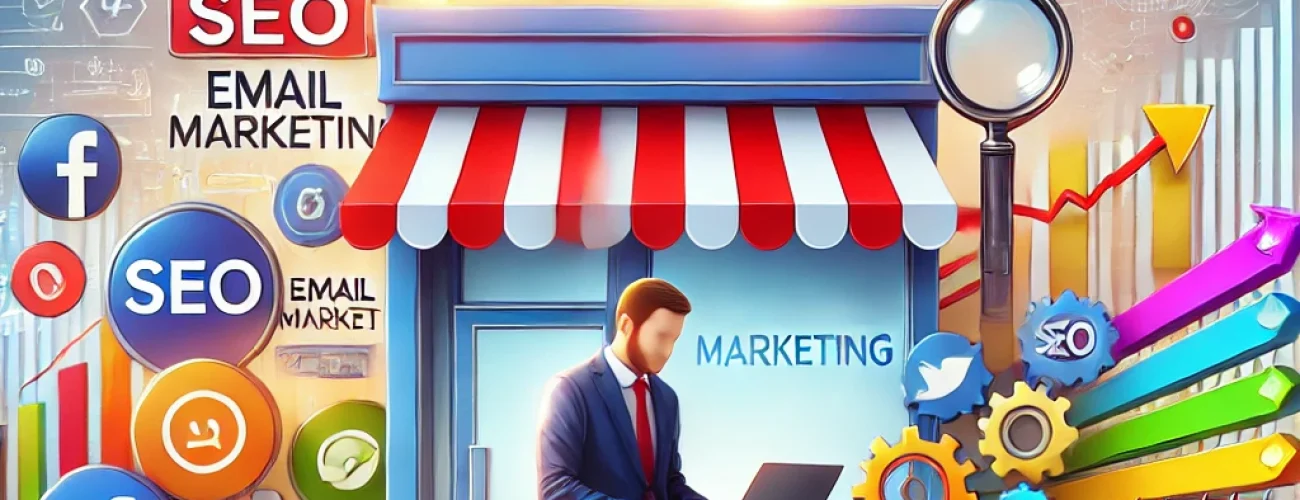 DALL·E 2025-02-26 14.47.31 - A vibrant digital marketing concept illustration featuring a small business owner working on a laptop, surrounded by social media icons, SEO charts, e